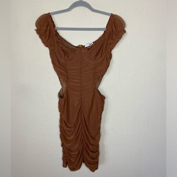 Fashion Nova Mini Brown Dress Bodycon Tan Cut Out Size S - Picture 3 of 6